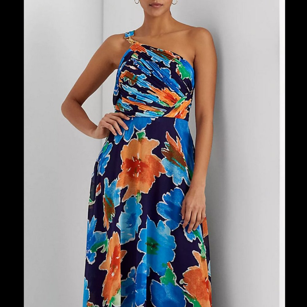 Lauren Ralph Lauren Women's Multi Floral Georgette Navy One-Shoulder B4HP